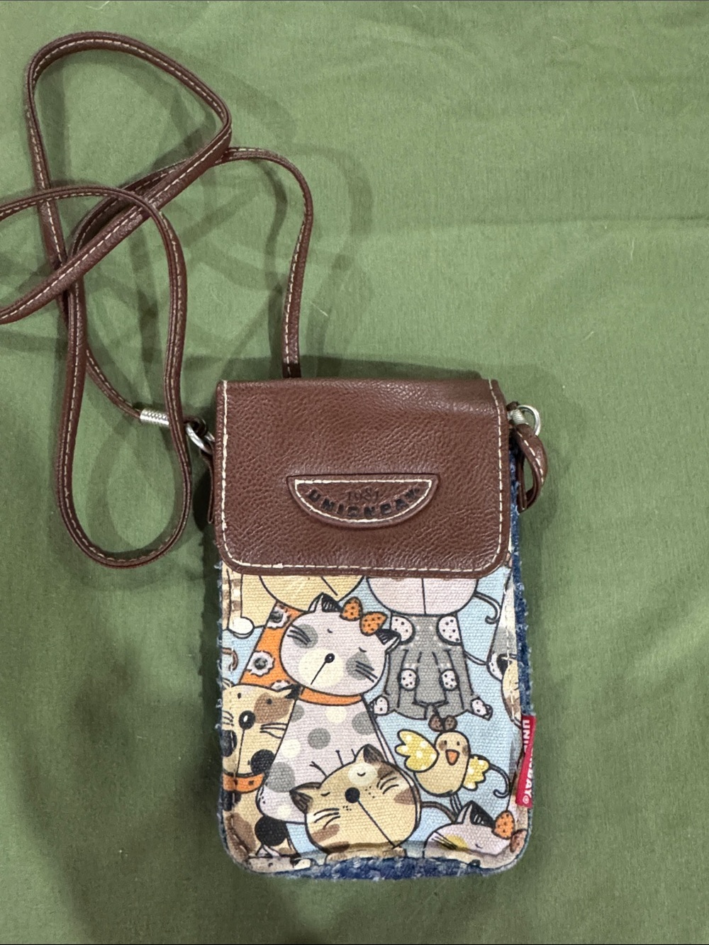 Cute Cat Print Crossbody Phone Bag in Brown Leather Trim